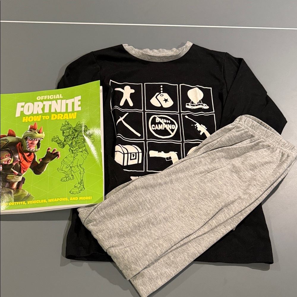 Black and Gray Fortnite Pajama Set and How to Draw book